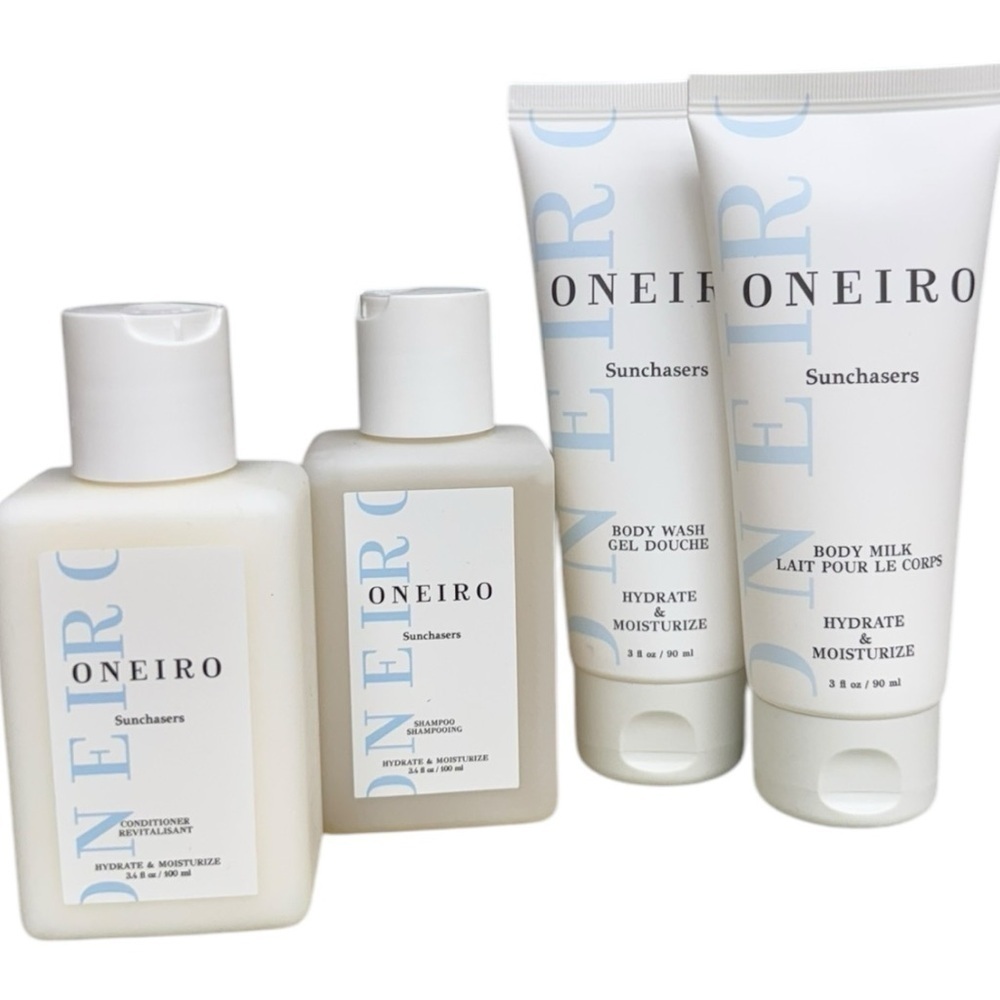 Oneiro Sunchasers 4-Piece Set w/ Clear Travel Bag Shampoo Body Wash Lotion